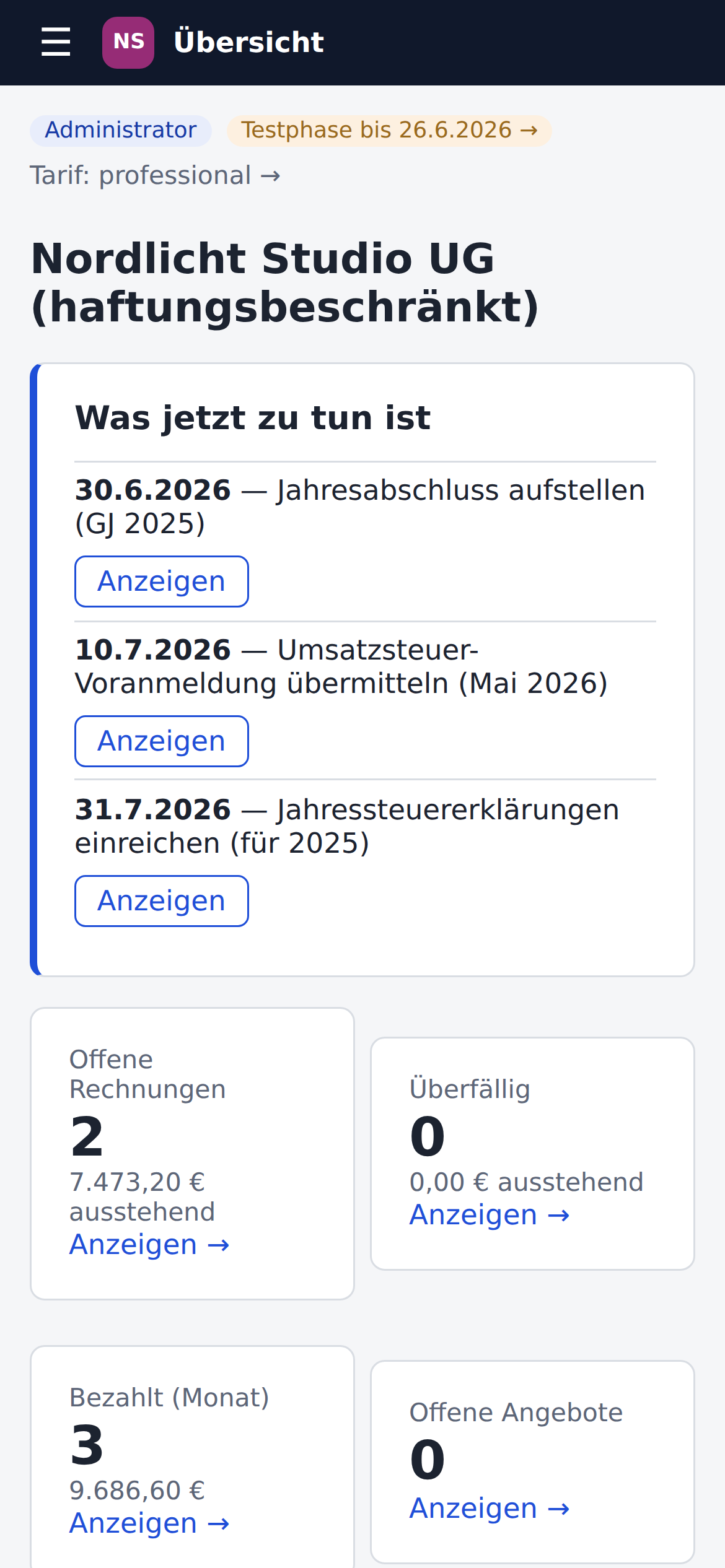 Ordnio auf dem Smartphone: Übersicht mit nächsten Pflichten und offenen Rechnungen