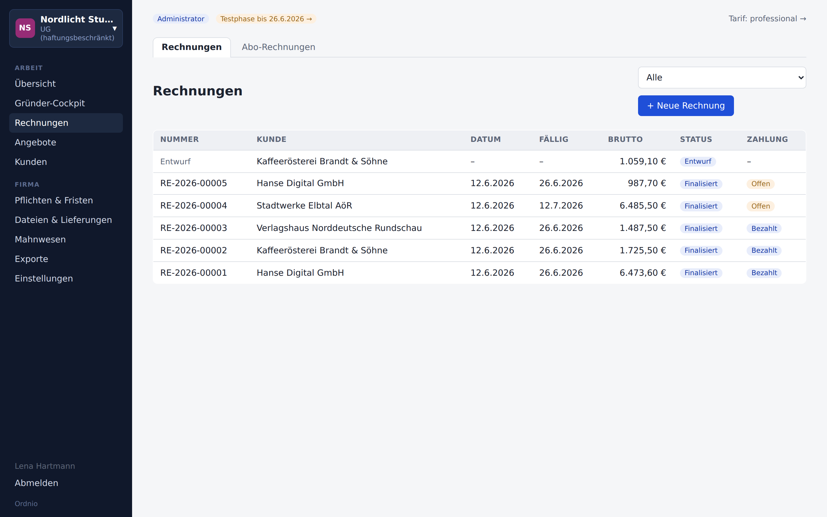 Rechnungsübersicht in Ordnio mit Status Finalisiert, Bezahlt und Offen sowie E-Rechnungs-Funktionen
